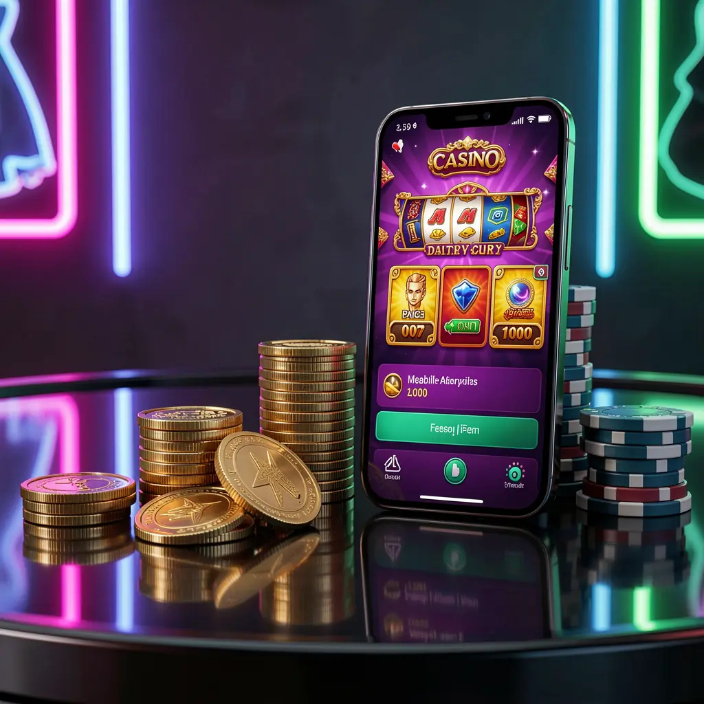 TK568 mobile casino dashboard on smartphone displaying colorful gaming interface with golden coins and poker chips on glossy table under elegant neon lighting