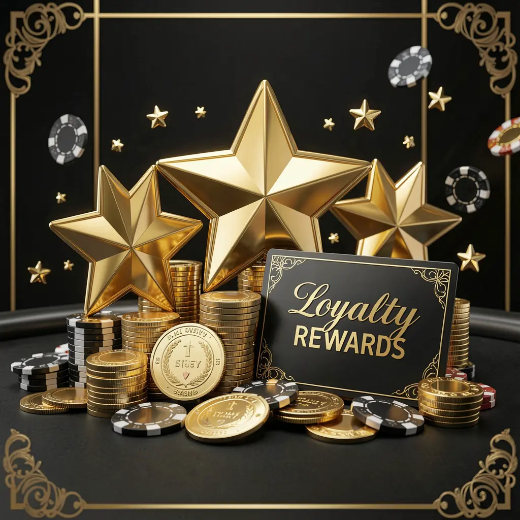 TK568 loyalty rewards casino image featuring golden stars, poker chips, coins, and a luxury reward card on an elegant black and gold background in a realistic 3D render