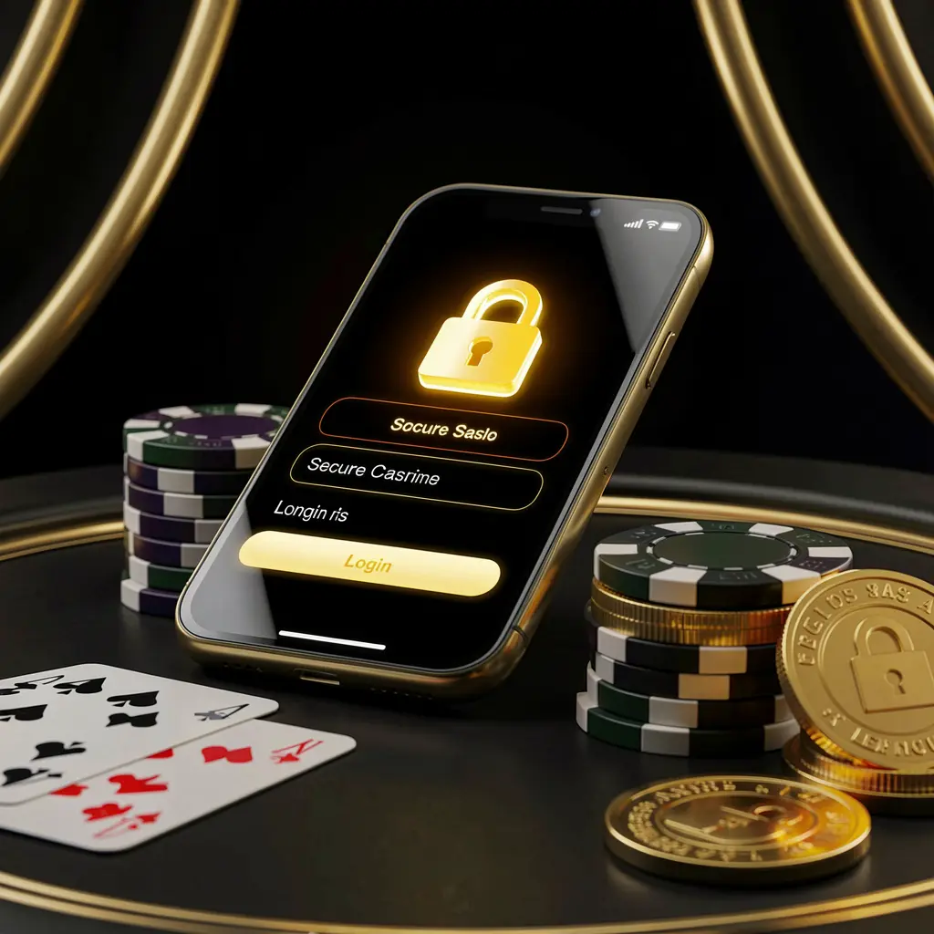 TK568 secure casino account login concept showing a glowing lock icon on a smartphone screen with poker chips, playing cards, and golden coins on an elegant black and gold background in a realistic 3D render