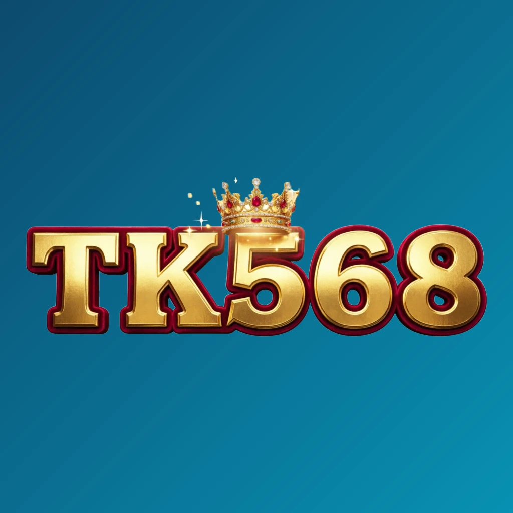 Dynamic casino-style logo for TK568 featuring massive bold lettering in bright gold and crimson colors with a glowing crown and sparkling light effects on a transparent background
