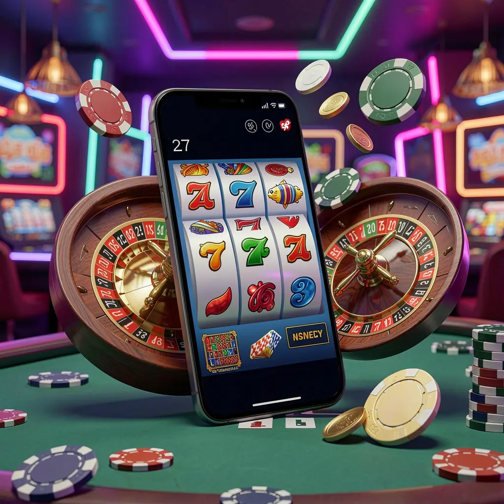 TK568 casino entertainment homepage concept showing a modern mobile phone with slot symbols, roulette wheel, chips, and coins floating around against a neon casino background in a premium 3D render